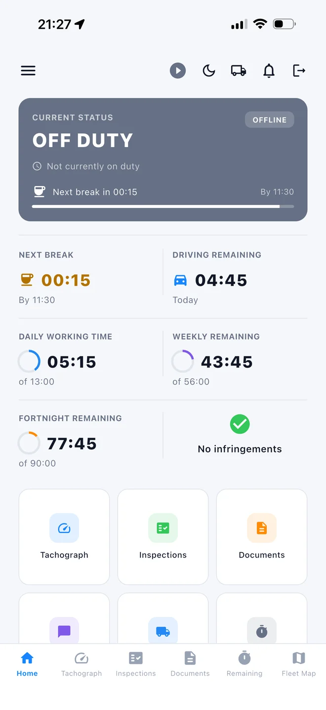 PrologEU driver app showing remaining driving and break times